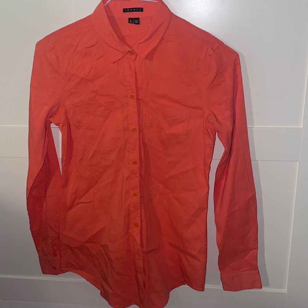 Theory Linen Stretch button down Salmon Color Beautifully made, simple seaming.